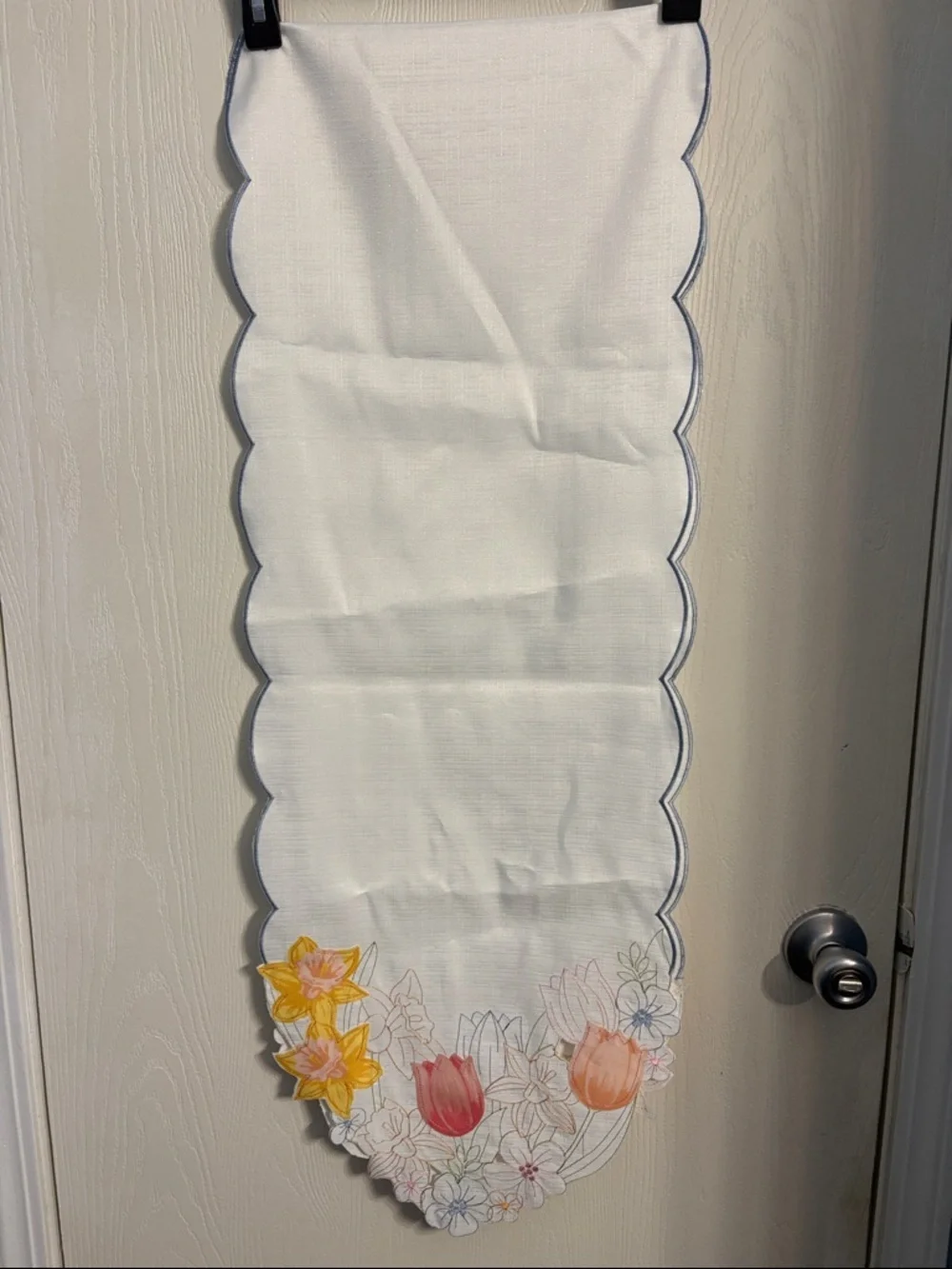 White Scalloped Floral Embroidered Table Runner with Blue Trim